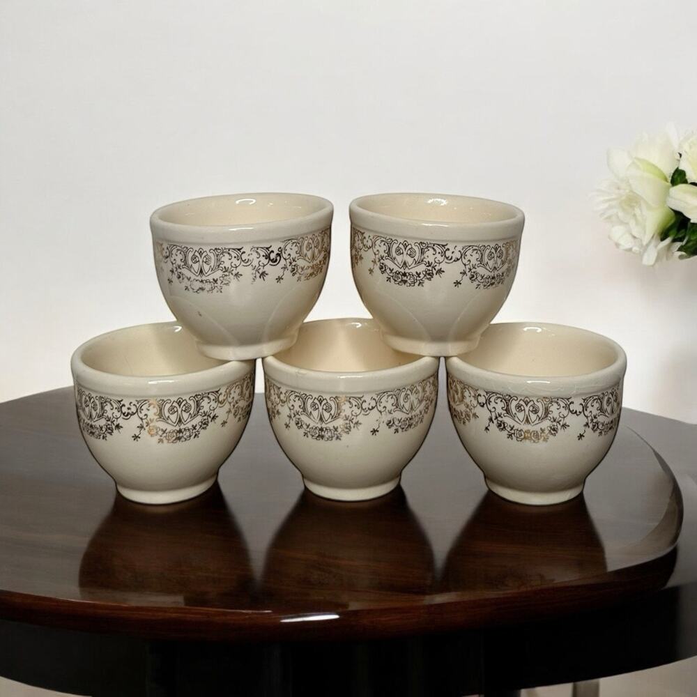 Vtg Nasco Ivory with Gold Floral Scroll Soup Fruit Cup Bowls Set of 5 2.75" Tall